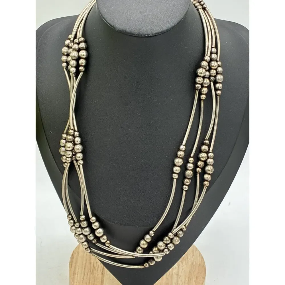 Vintage Multi Strand Liquid Silver Necklace Southwestern Style Bead 18 Inch